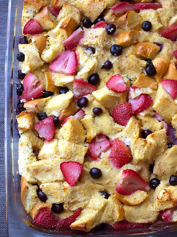 Baked Mixed Berry French Toast Casserole in a baking dish