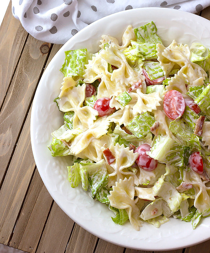 Ranch BLT Pasta Salad recipe in a white serving bowl