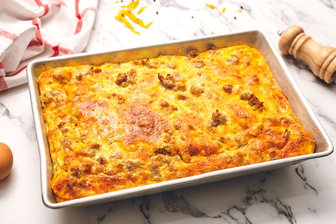 baking dish full of sausage crescent roll casserole