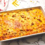 baking dish full of sausage crescent roll breakfast casserole