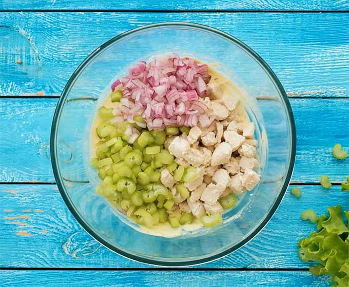 cooked chicken, diced red onion, and sliced celery in a mixing bowl with salad dressing.