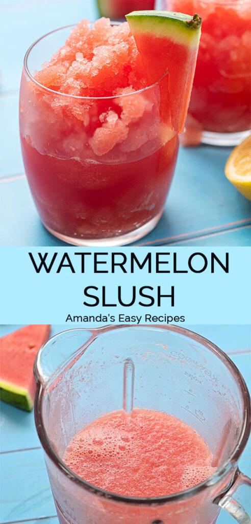 2 image pinterest collage with text showing watermelon slush in a glass and a blender