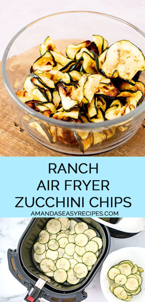 2 image collage with text overlay showing making ranch air fryer zucchini chips