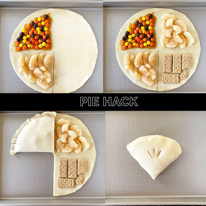 4 images of the apple pie hack with pie crust folded around 4 sections of pie fillings and toppings