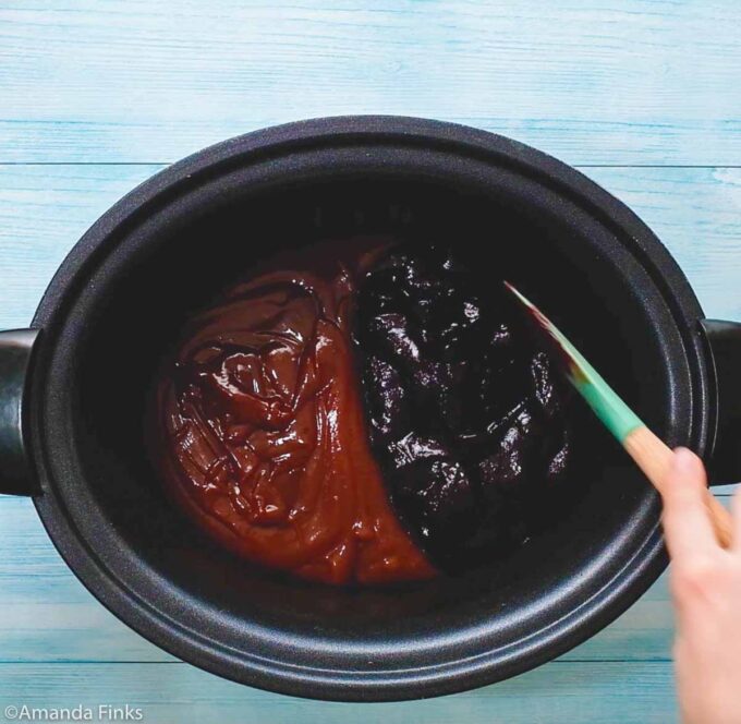 crock pot with BBQ sauce and grape jelly