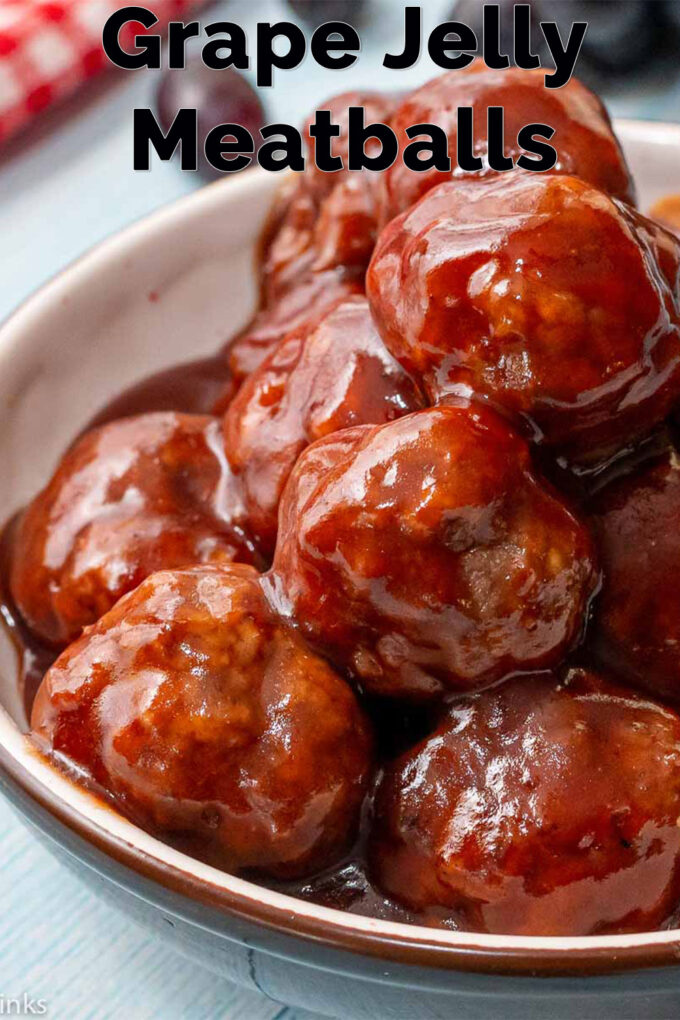 bowl full of meatballs covered in BBQ sauce with text overlay