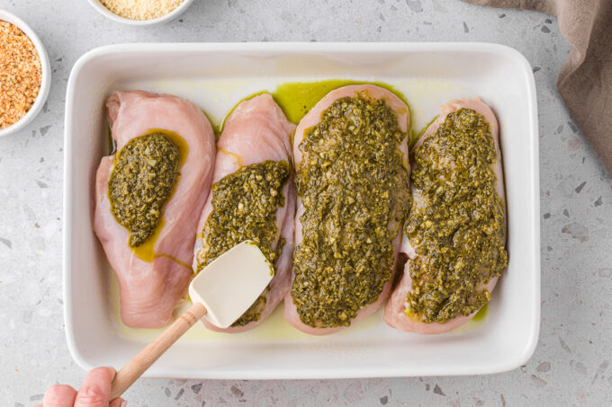 Pesto being spread onto chicken breasts.