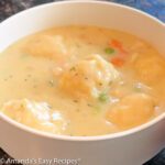 Bowl full of chicken and dumplings.