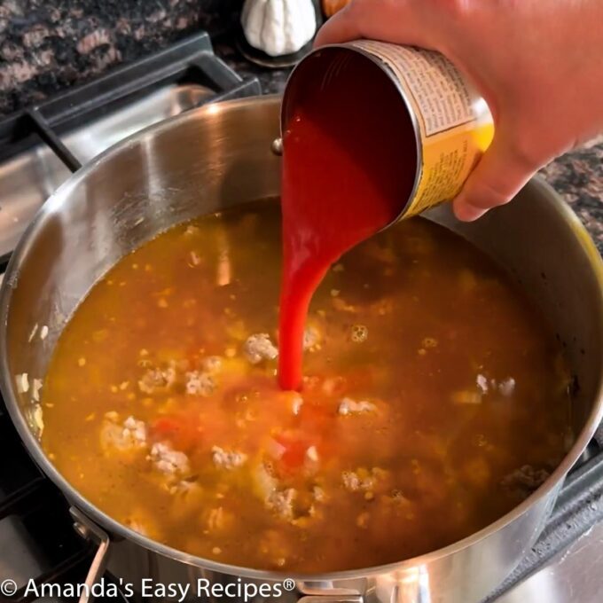 Adding chicken broth and tomato sauce to the soup pot.